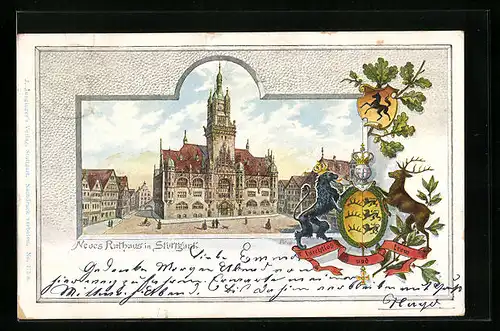 Passepartout-Lithographie Stuttgart, Marktplatz mit neuem Rathaus, Wappen