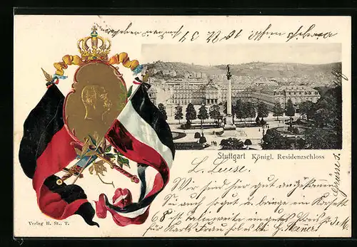 Passepartout-Lithographie Stuttgart, Königliches Residenzschloss aus der Vogelschau, Wappen