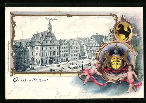 Passepartout-Lithographie Stuttgart, Marktplatz mit Rathaus, Wappen