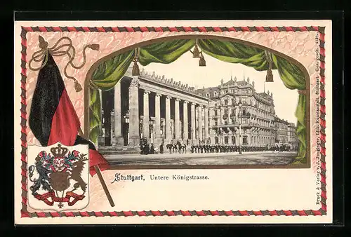 Passepartout-Lithographie Stuttgart, Militärparade in der unteren Königstrasse, Wappen