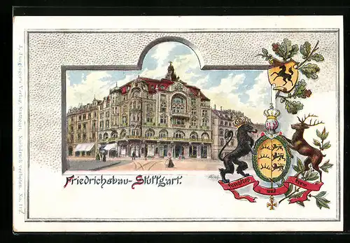 Passepartout-Lithographie Stuttgart, Strassenpartie am Friedrichsbau, Wappen