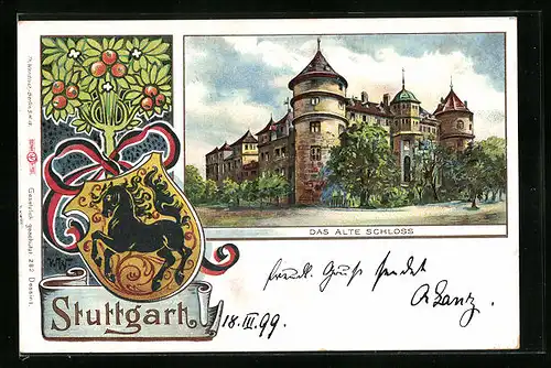 Passepartout-Lithographie Stuttgart, Blick zum alten Schloss, Wappen