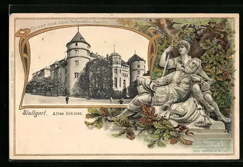 Passepartout-Lithographie Stuttgart, Altes Schloss mit Eberhard-Denkmal