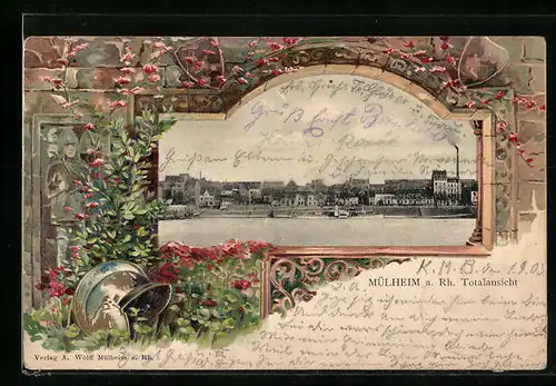 Passepartout-Lithographie Mülheim a. Rh., Totalansicht vom Rheinufer