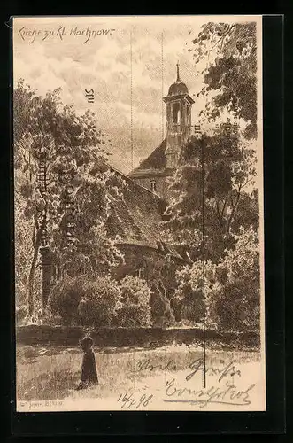 Künstler-AK Klein Machnow, Spaziergang zur Kirche