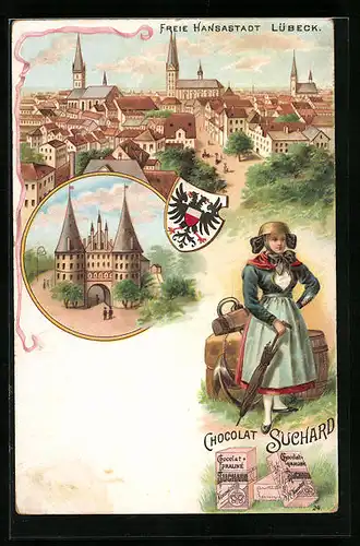 Lithographie Lübeck, Stadttor der freien Hansastadt, Kakao-Reklame für Chocolat Suchard