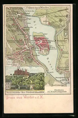 Lithographie Werder a. d. H., Landkarte der Gegend um den Ort, Gasthaus Friedrichshöhe von F. Schmahlfeld