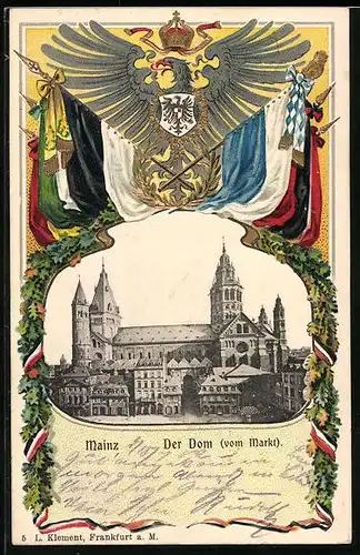 Passepartout-Lithographie Mainz, Dom vom Markt betrachtet, Wappen