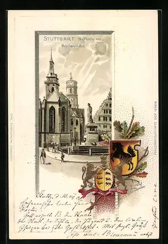 Passepartout-Lithographie Stuttgart, Stadtkirche mit Schillerdenkmal, Wappen