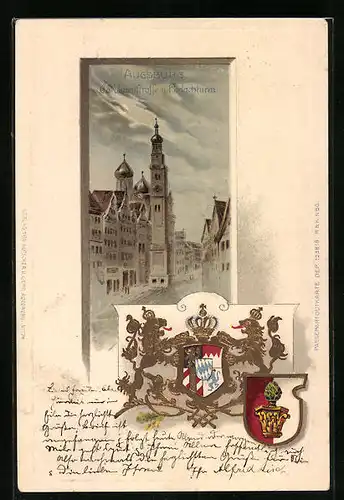 Passepartout-Lithographie Augsburg, Carolinenstrasse und Perlachturm, Stadt-Wappen