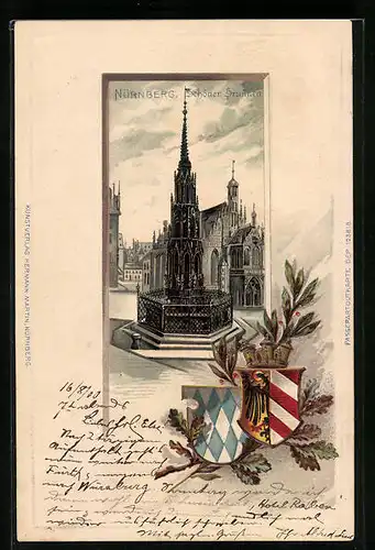 Passepartout-Lithographie Nürnberg, Schöner Brunnen, Wappen