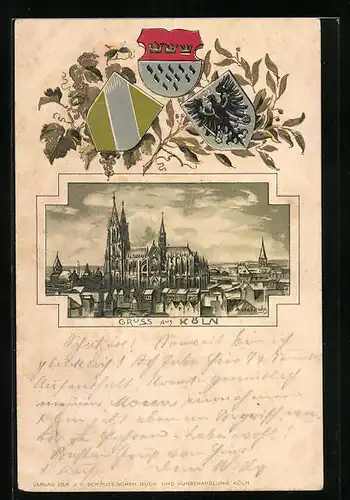 Passepartout-Lithographie Köln, Dom im Stadtbild, Stadt-Wappen