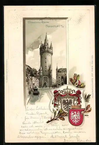 Passepartout-Lithographie Frankfurt a. M., Eschenheimer Thurm, Stadt-Wappen