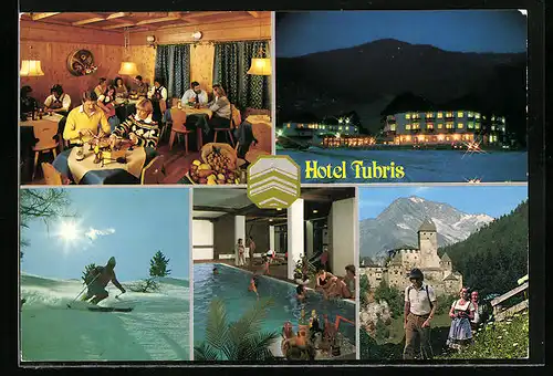 AK Sand in Taufers, Hotel Tubris mit Schwimmbad, Wanderer vor Burg, Skipartie