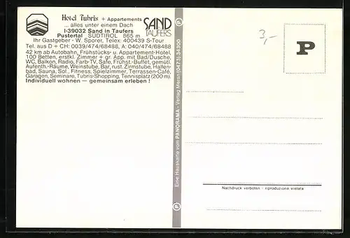 AK Sand in Taufers, Hotel Tubris mit Schwimmbad, Wanderer vor Burg, Skipartie