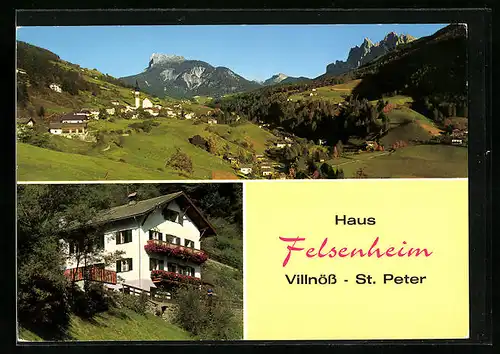 AK St. Peter in Villnöss, Pension Haus Felsenheim, Ortsansicht mit Umgebung