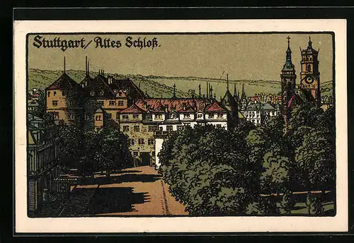 Steindruck-AK Stuttgart, Strassenpartie am alten Schloss