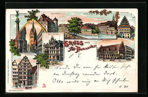 Lithographie Alt-Hannover, Waterloosäule, Beguinenturm, Haus der Väter, Alte Kanzlei und Rathaus, Leibnitzhaus