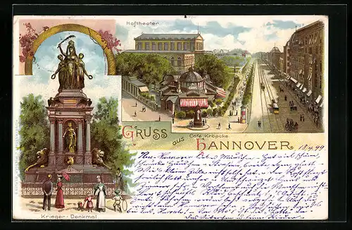 Lithographie Hannover, Hoftheater, Kriegerdenkmal und Cafe Kröpcke mit Litfasssäule