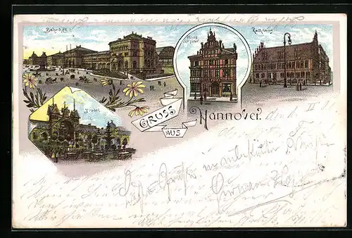 Lithographie Hannover, Bahnhof, Haus der Väter, Rathaus und Tivoli