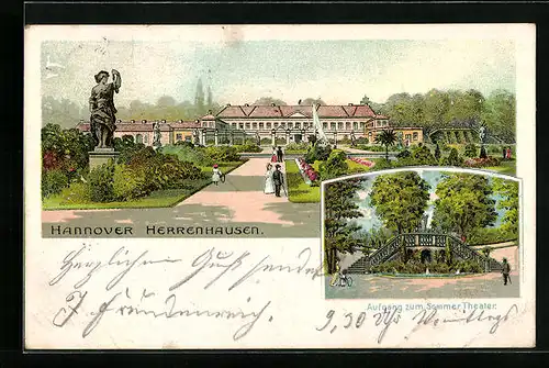 Lithographie Hannover, Schloss Herrenhausen mit Aufgang zum Sommertheater