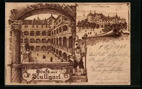 Holzbrand-Imitations-AK Stuttgart, Altes Schloss mit Innenhof