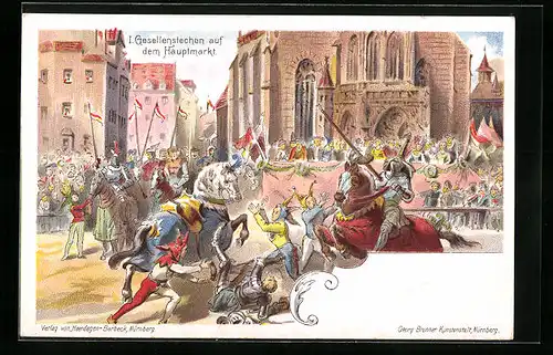 Lithographie Nürnberg, I. Gesellenstechen auf dem Hauptmarkt