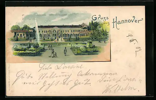 Lithographie Hannover, Schlossgut Herrenhausen mit Parkanlagen