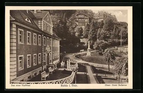 AK Ruhla i. Thür., Das neue Stadtbad mit Blick zum Hotel Bellevue