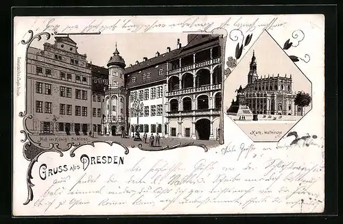 Lithographie Dresden, Hof im Königlichen Schloss, Katholische Hofkirche