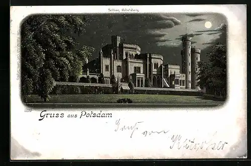 Lithographie Potsdam, Schloss Babelsberg bei Mondschein