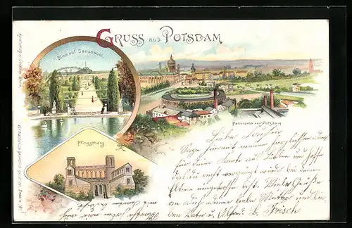 Lithographie Potsdam, Panorama, Blick auf Sanssouci, Pfingstberg