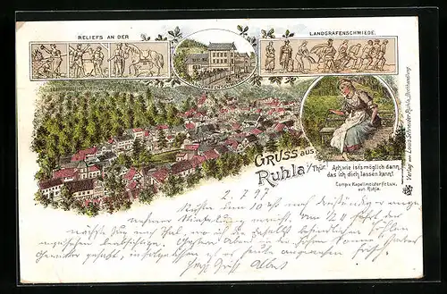 AK Ruhla i. Thür., Teilansicht, Landgrafenschmiede, Reliefs an der Landgrafenschmiede