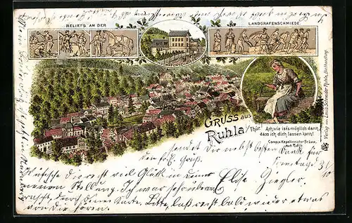 Lithographie Ruhla i. Thür., Teilansicht, Landgrafenschmiede, Reliefs an der Landgrafenschmiede