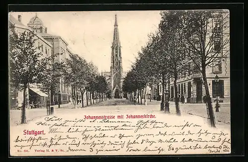 AK Stuttgart, Johannesstrasse mit Johanneskirche