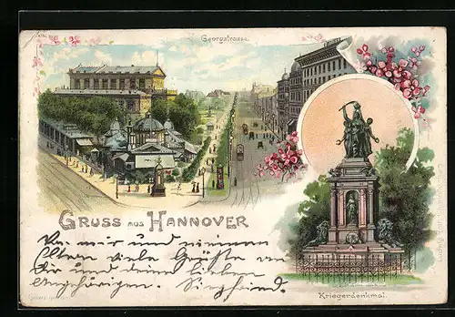 Lithographie Hannover, Georgstrasse mit Strassenbahn, Kriegerdenkmal