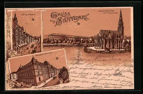 Lithographie Stuttgart, Johanneskirche mit Feuersee, Baugewerkschule, Königstrasse