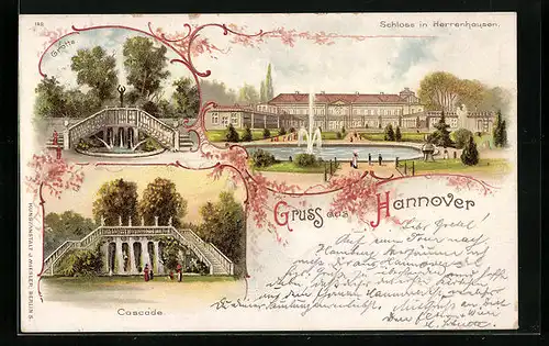 Lithographie Hannover, Schloss in Herrrenhausen, Grotte, Cascade