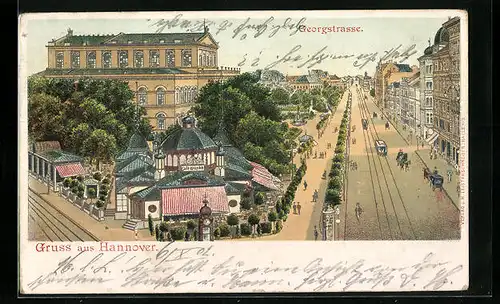 Künstler-AK Hannover, Georgstrasse mit Cafe Kröpke und Strassenbahn