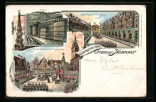Lithographie Hannover, Bahnhofstrasse im Festschmuck, Begrüssung des Kaisers am Marktplatz, Schloss bei Mondschein