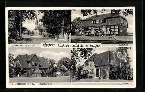 AK Horst /Krs. Neustadt a. Rbge., Gemischtwarengeschäft von O. Koopmann, Gutshof, Pfarrhaus mit Kirche