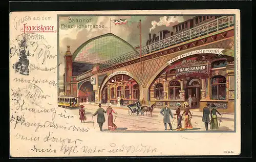 Lithographie Berlin, Gasthaus Zum Franciskaner am Bahnhof Friedrichstrasse