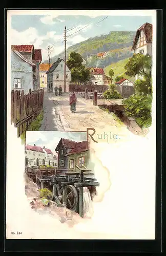 Lithographie Ruhla, Ortspartie mit Brücke und Wassermühle
