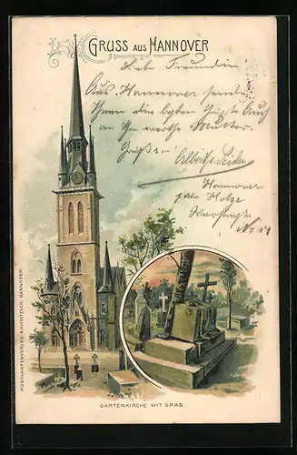 Lithographie Hannover, Gartenkirche mit Grab
