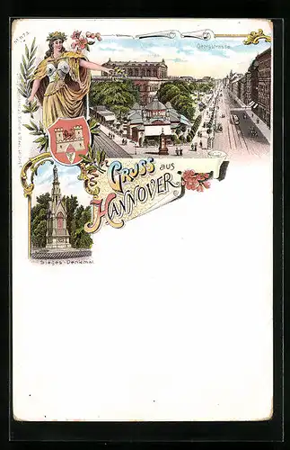 Lithographie Hannover, Partie in der Georgstrasse aus der Vogelschau, Sieges-Denkmal, Wappen