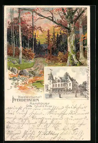 Lithographie Hannover, Waldwirtschaft Pferdethurm mit Strasse, Waldidylle im Herbst