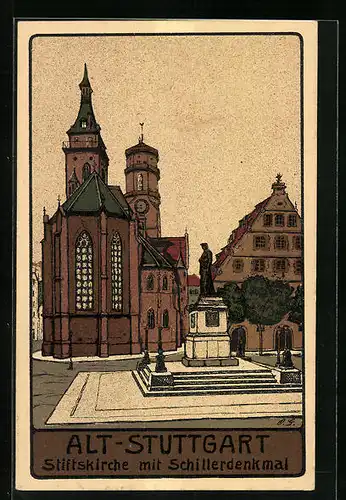 Steindruck-AK Stuttgart, Alt-Stuttgart - Stiftskirche mit Schillerdenkmal