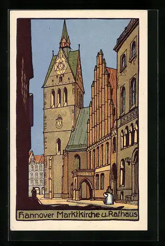 Steindruck-AK Hannover, Strassenpartie mit Marktkirche und Rathaus