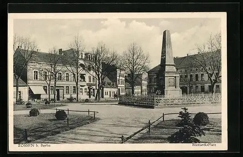 AK Zossen bei Berlin, Partie am Bismarck-Platz mit Denkmal und Gasthof Fürst Bismarck