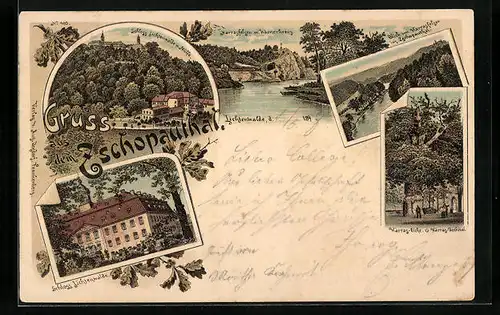 Lithographie Niederwiesa /Sa., Harrasfelsen mit Körnerkreuz, Schloss Lichtenwalde mit Mühle